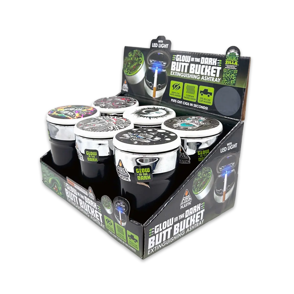 Glow In The Dark Lid Butt Bucket Ashtray with LED Light - 6 Per Retail Ready Display 25397 SMOKEZILLA
