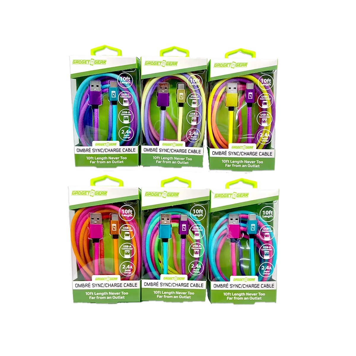 10FT Color Fade USB-A-to-USB-C Charging Cable - 6 Pieces Per Retail Ready Display 25484 GADGET GEAR