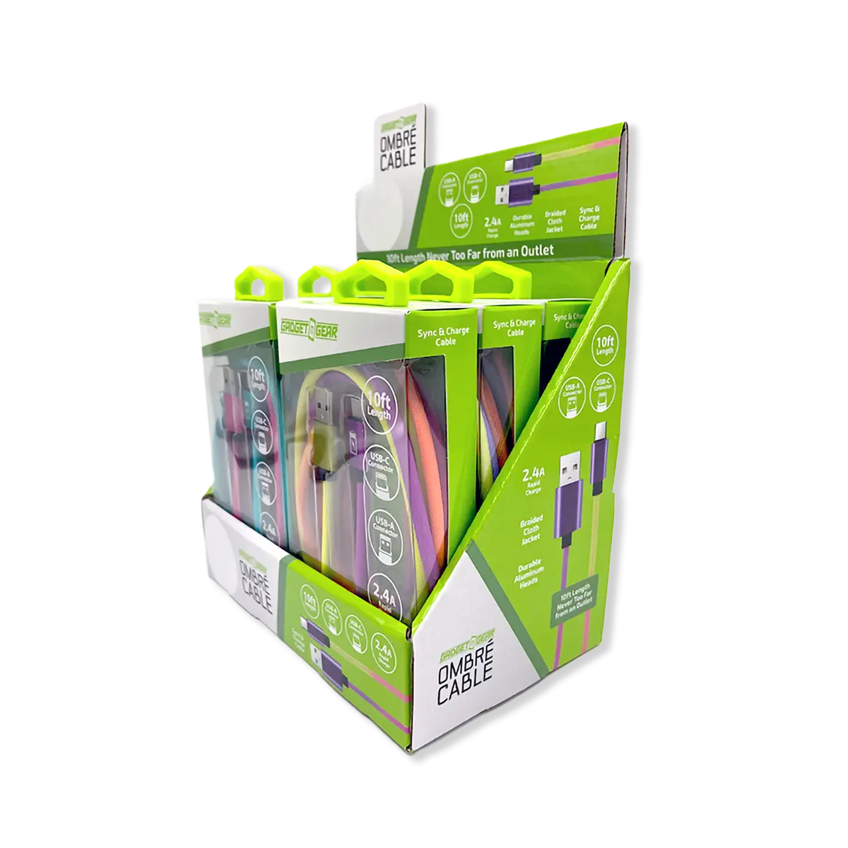 10FT Color Fade USB-A-to-USB-C Charging Cable - 6 Pieces Per Retail Ready Display 25484 GADGET GEAR