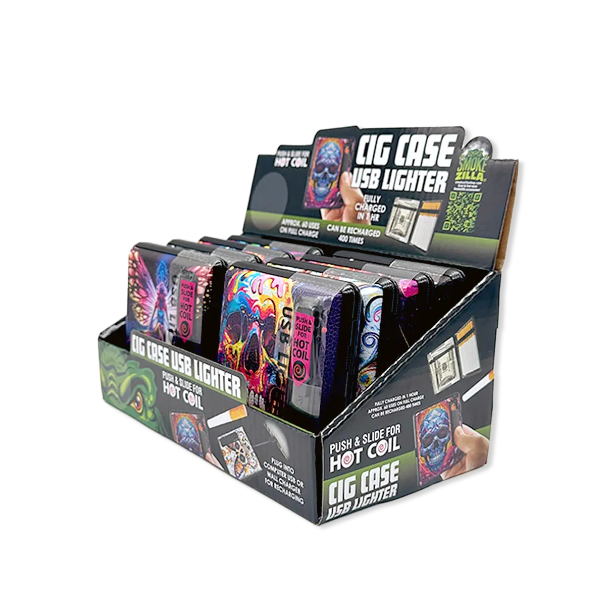 Cigarette Case with USB Coil Lighter - 8 Pieces Per Retail Ready Display 25633 SMOKEZILLA