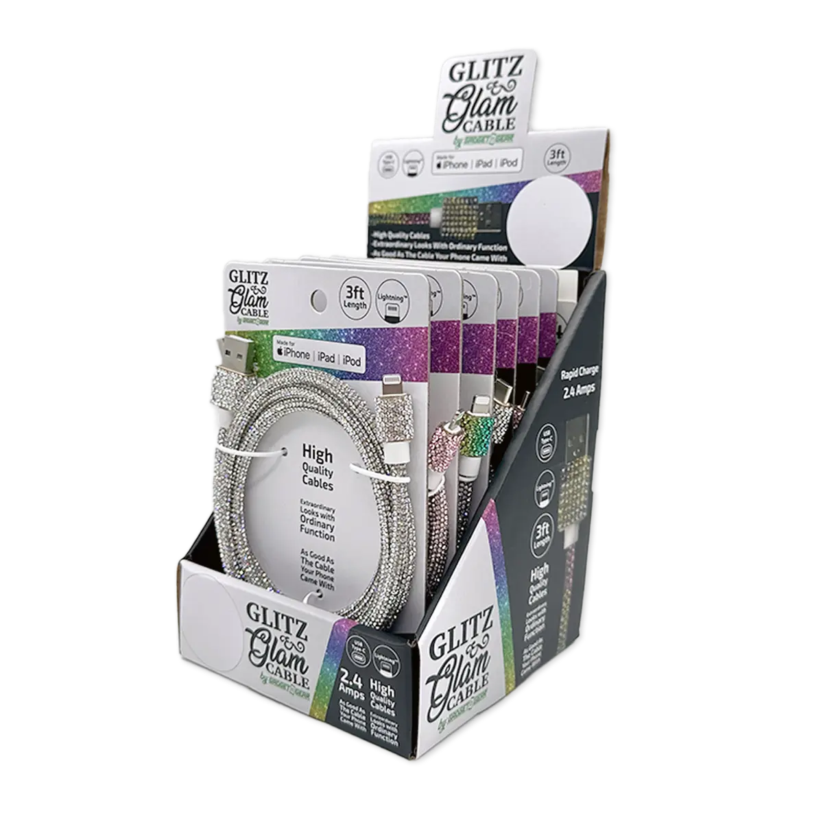 Charging Cable 3FT 2.4Amp USB-to-USB-C / Lightning Glitz N Glam Assortment - 6 Pieces Per Retail Ready Display 25948 GADGET GEAR