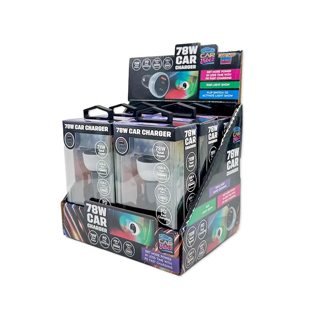 Car Charger Triple Port USB / USB-C LED 78W - 6 Pieces Per Retail Ready Display 25693 CAR VIBEZ