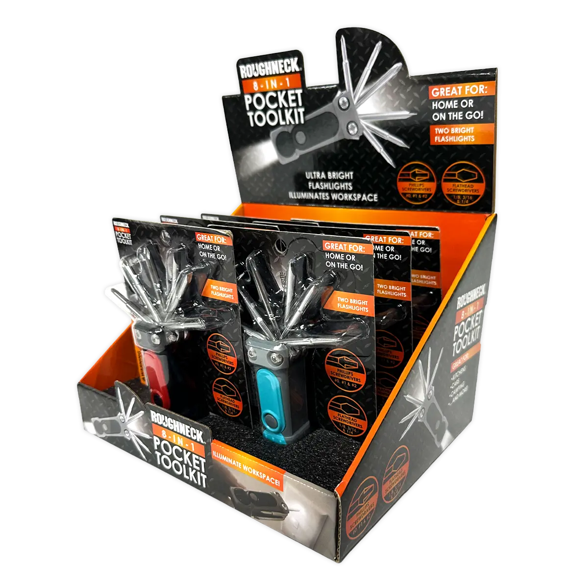 8-In-1 Pocket Toolkit Multi-Tool with Lights - 6 Pieces Per Retail Ready Display 25789 ROUGHNECK
