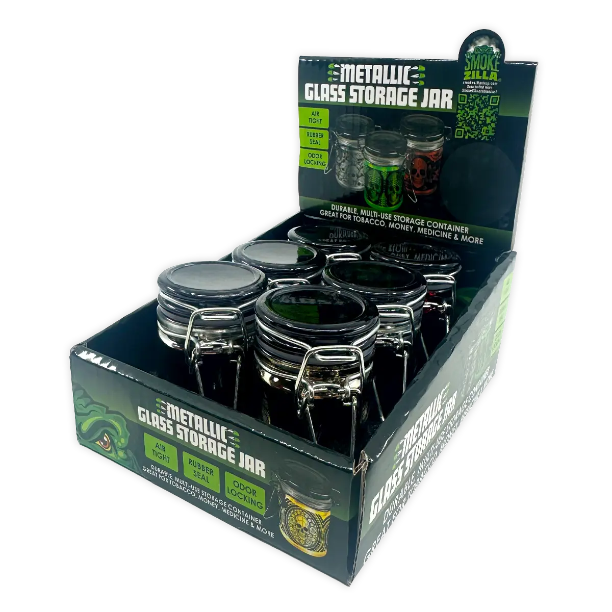 Metallic Smell Proof Glass Storage Jar with Hinged Lid- 6 Pieces Per Retail Ready Display 25891 SMOKEZILLA