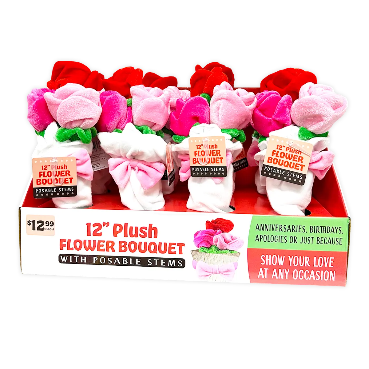 Plush Rose Bouquet 12" Assortment - 8 Pieces Per Retail Ready Display 41663 KIPP BROTHERS