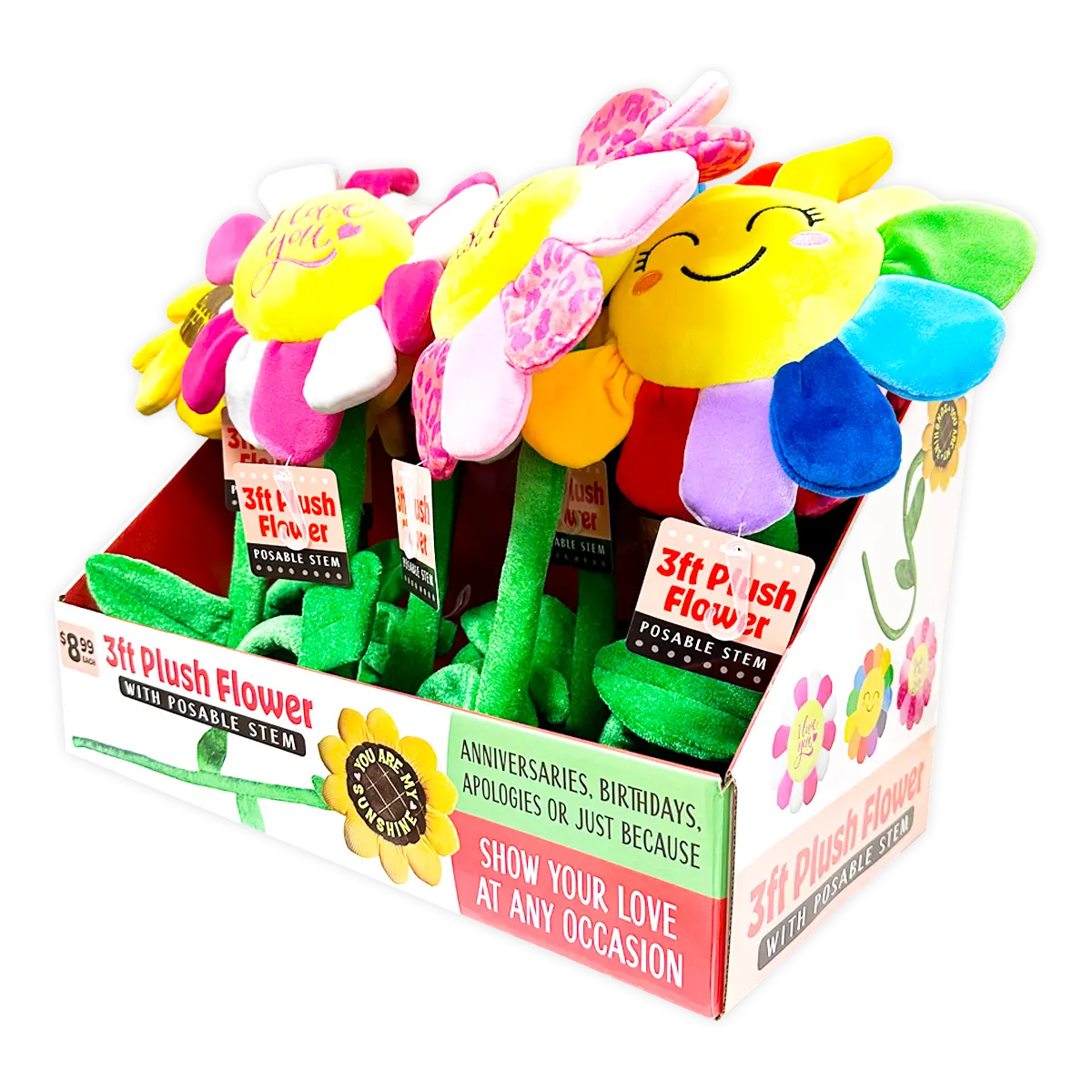 Plush Flower 36" Assortment - 8 Pieces Per Retail Ready Display 41664 KIPP BROTHERS