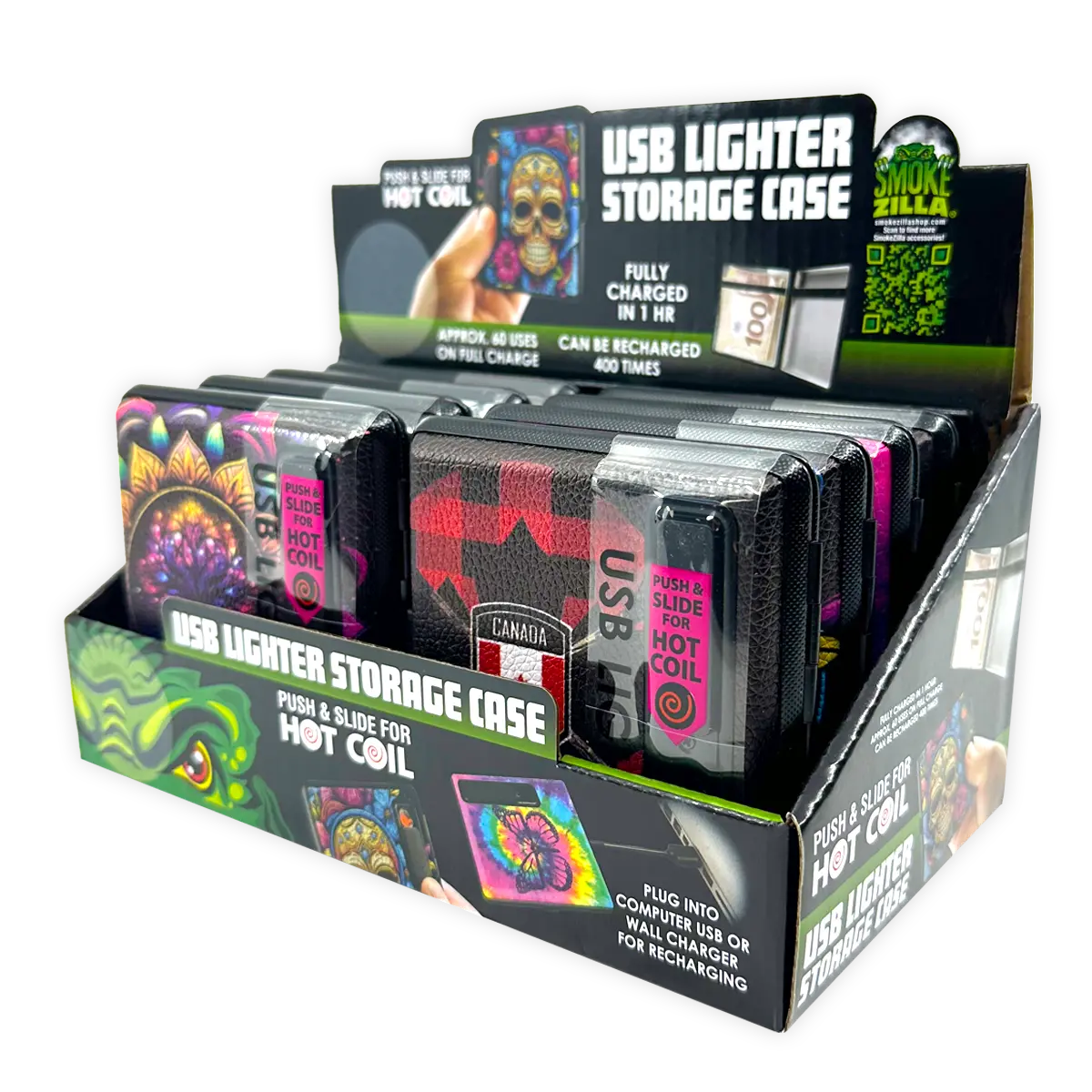 Cigarette Case with USB Coil Lighter Canada Themed Designs - 8 Pieces Per Retail Ready Display 41734 SMOKEZILLA