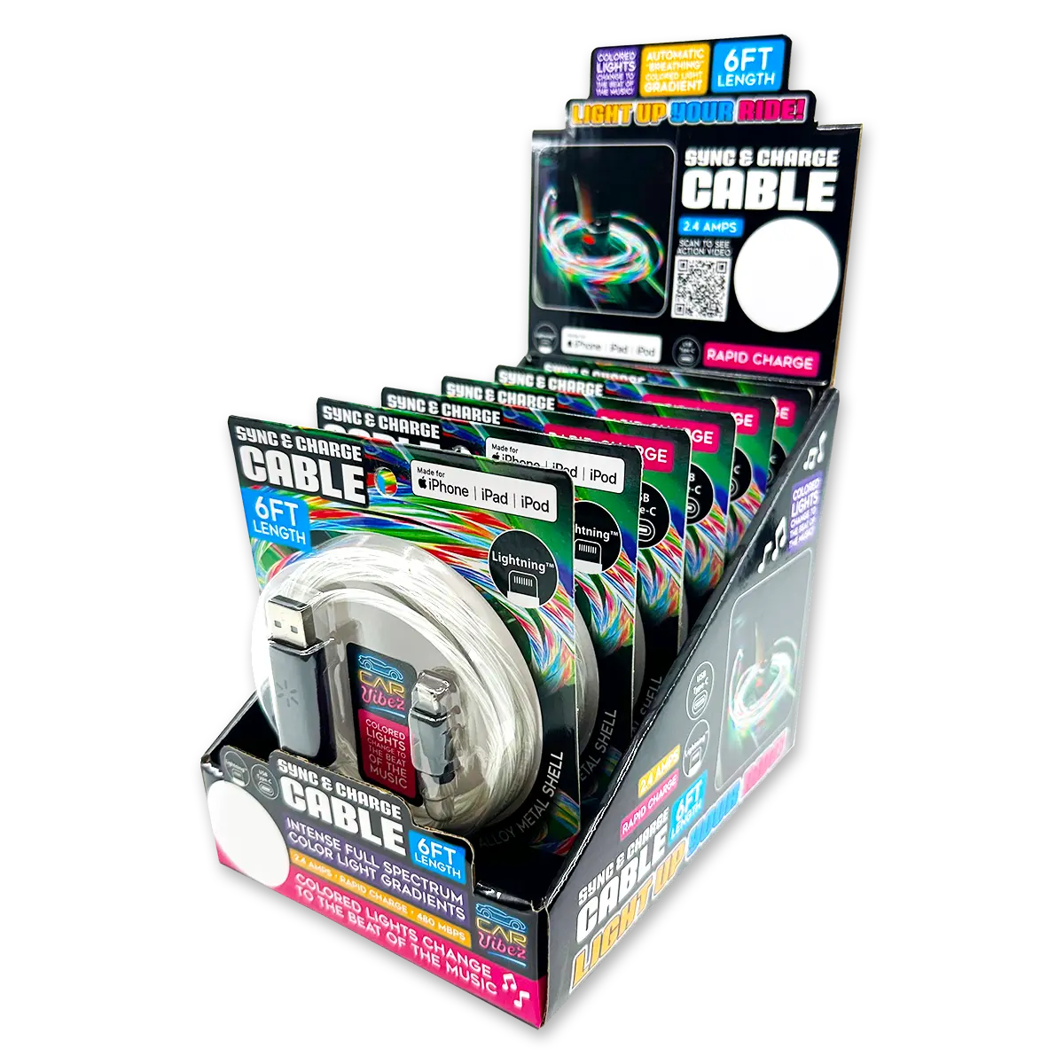 Charging Cable LED Light-Up Assortment - 6 Pieces Per Retail Ready Display 88472 CAR VIBEZ