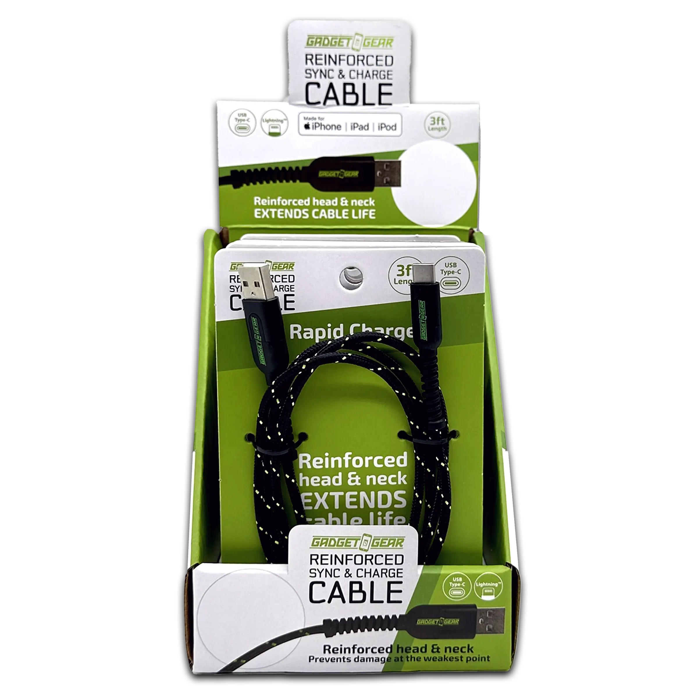 Charging Cable Reinforced Assortment 3FT 2.4 Amp - 6 Pieces Per Retail Ready Display 88476 GADGET GEAR