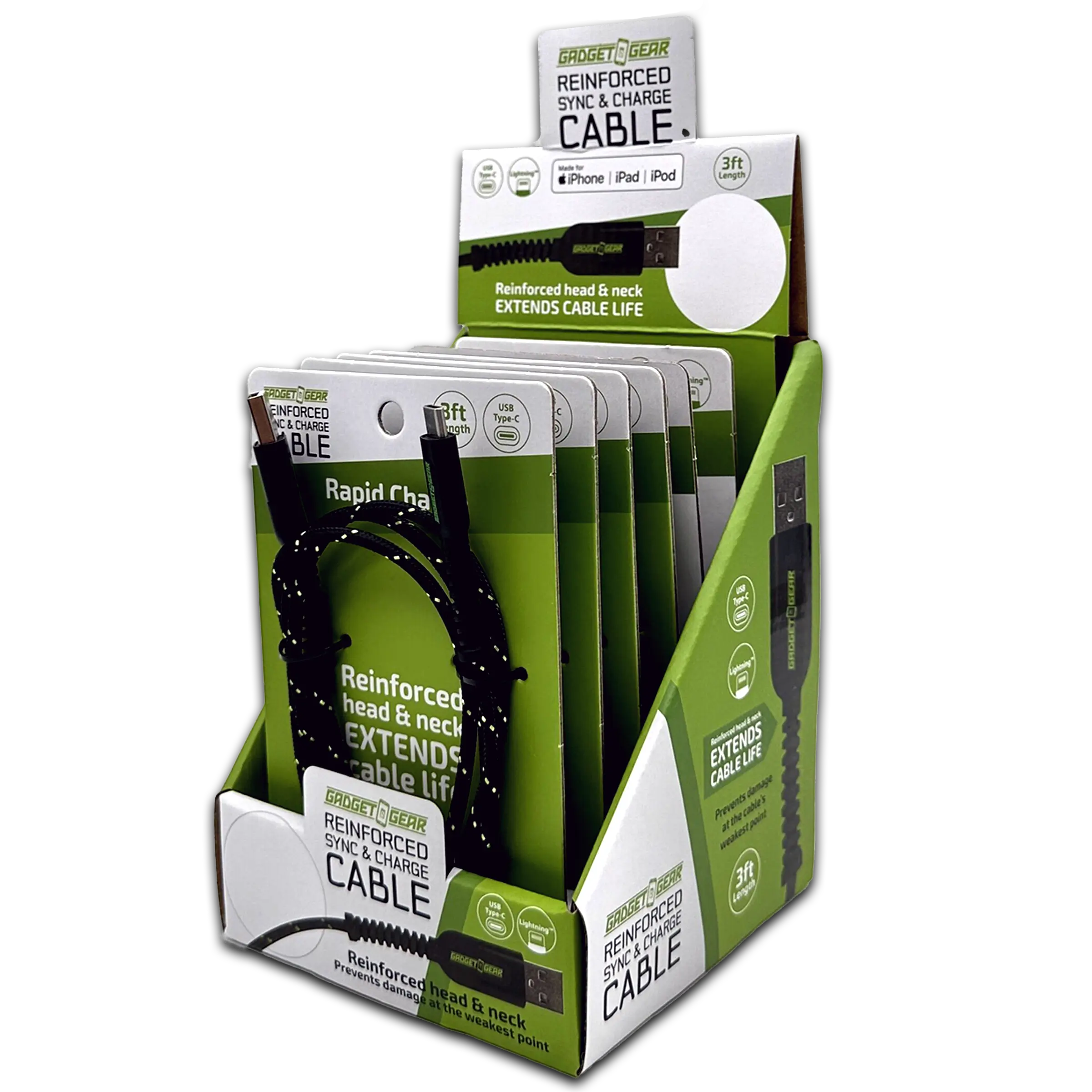 Charging Cable Reinforced Assortment 3FT 2.4 Amp - 6 Pieces Per Retail Ready Display 88476 GADGET GEAR