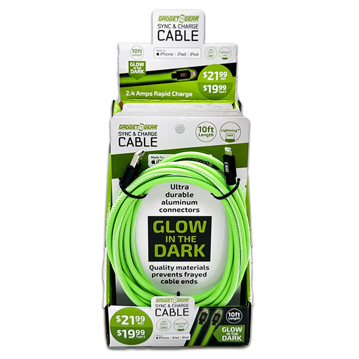 Charging Cable Glow in The Dark Assortment 10FT - 6 Pieces Per Retail Ready Display 88498 GADGET GEAR