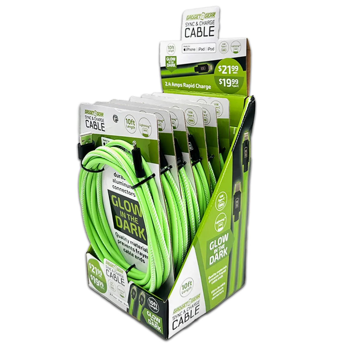 Charging Cable Glow in The Dark Assortment 10FT - 6 Pieces Per Retail Ready Display 88498 GADGET GEAR