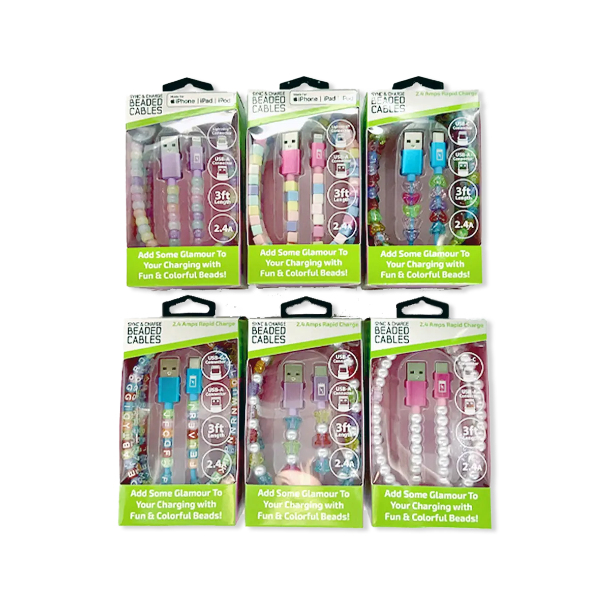 Beaded Charging Cable Assortment 3FT - 6 Pieces Per Retail Ready Display 88568 GADGET GEAR