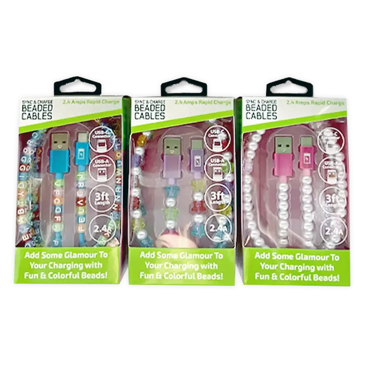 Beaded Charging Cable Assortment 3FT - 6 Pieces Per Retail Ready Display 88568 GADGET GEAR