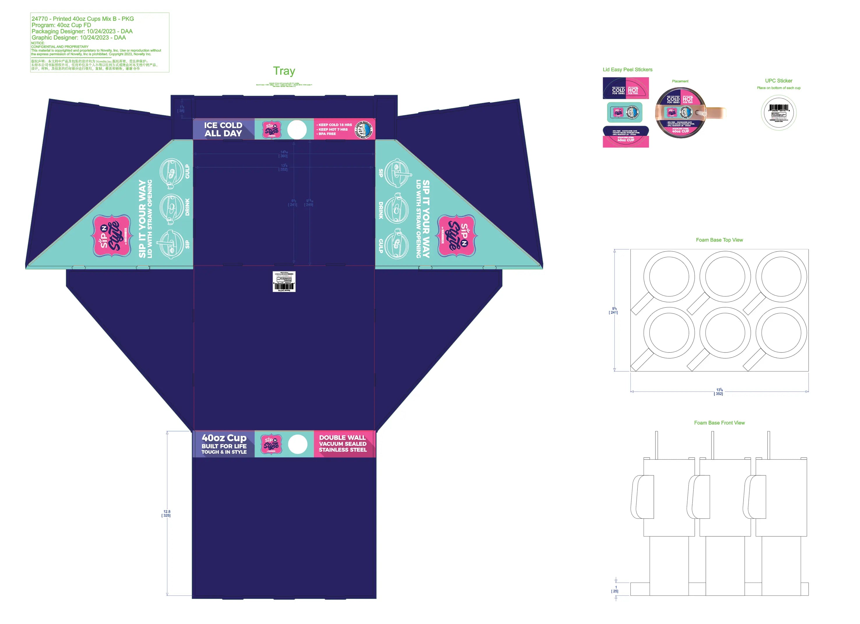 40oz Insulated Stainless-Steel Printed Cup Mix B - 6 Pieces Per Retail Ready Display 24770 NOVELTY INC