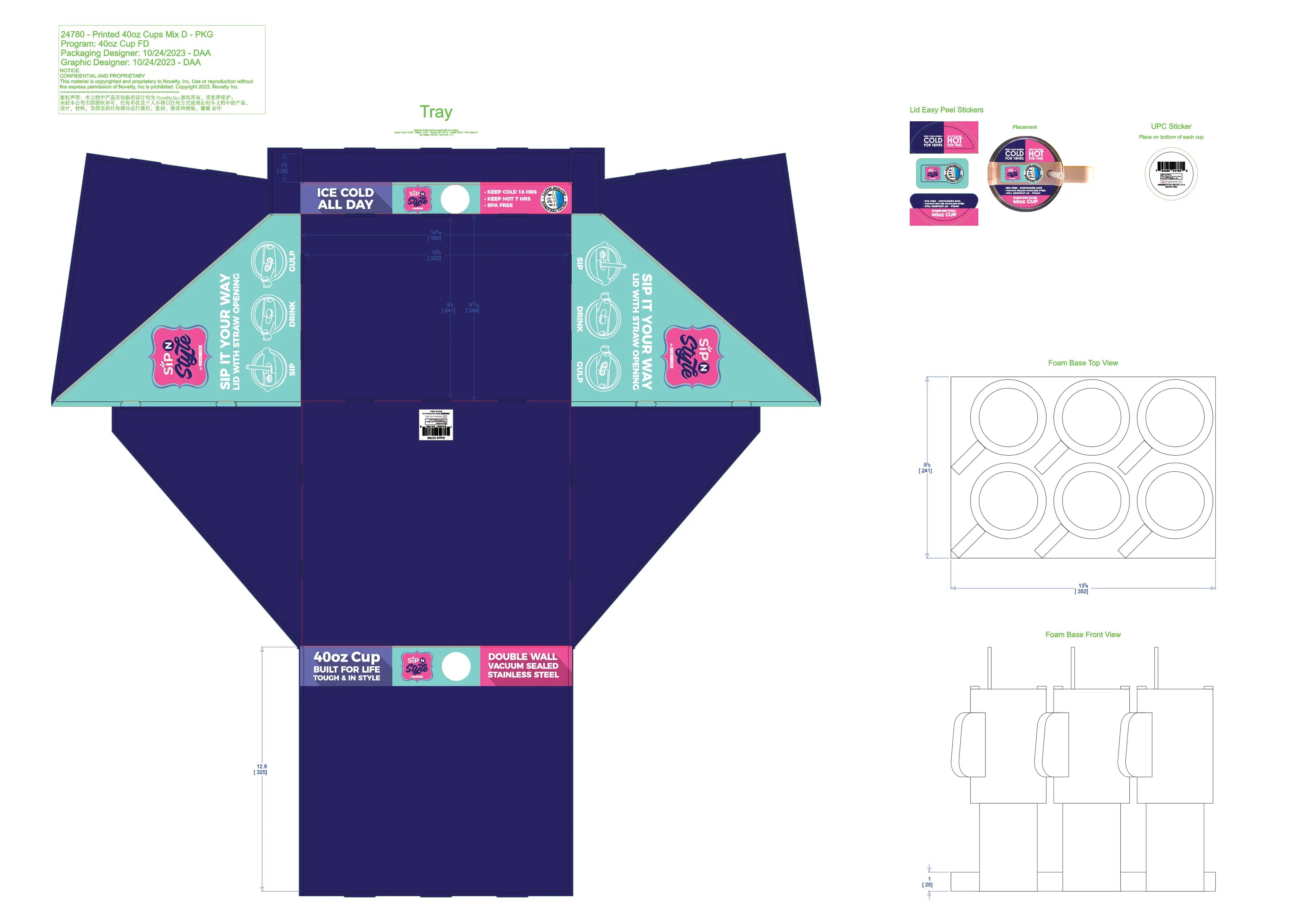40oz Insulated Stainless-Steel Color Ombre Printed Cup Mix D - 6 Pieces Per Retail Ready Display 24780 NOVELTY INC
