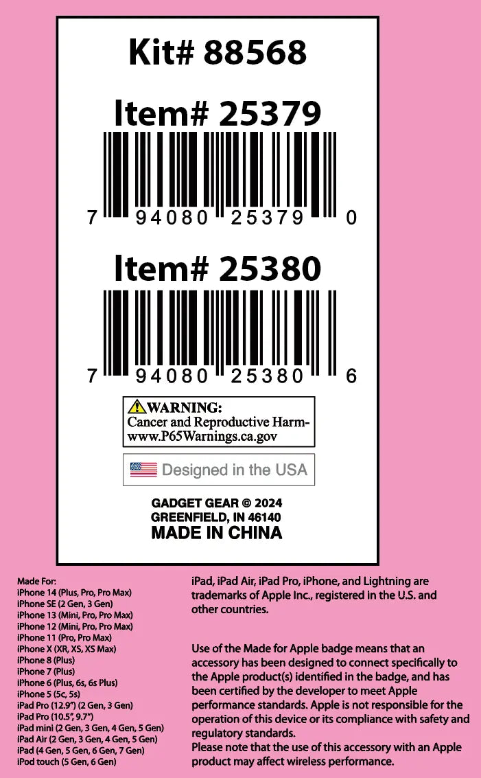 Beaded Charging Cable Assortment 3FT - 6 Pieces Per Retail Ready Display 88568 GADGET GEAR