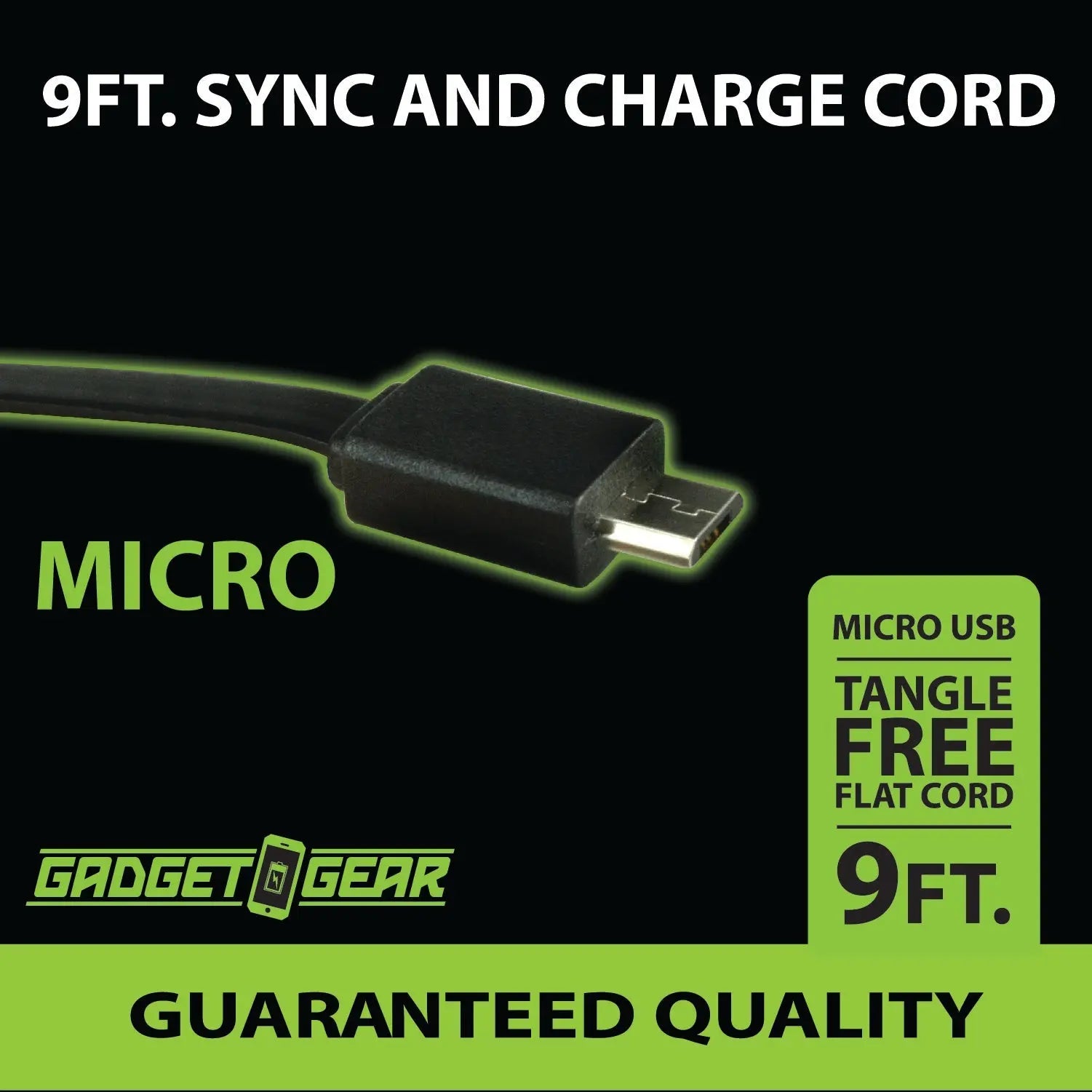 Charging Cable USB to Micro USB Flat 9FT - 4 Pieces Per Pack 20616 GADGET GEAR