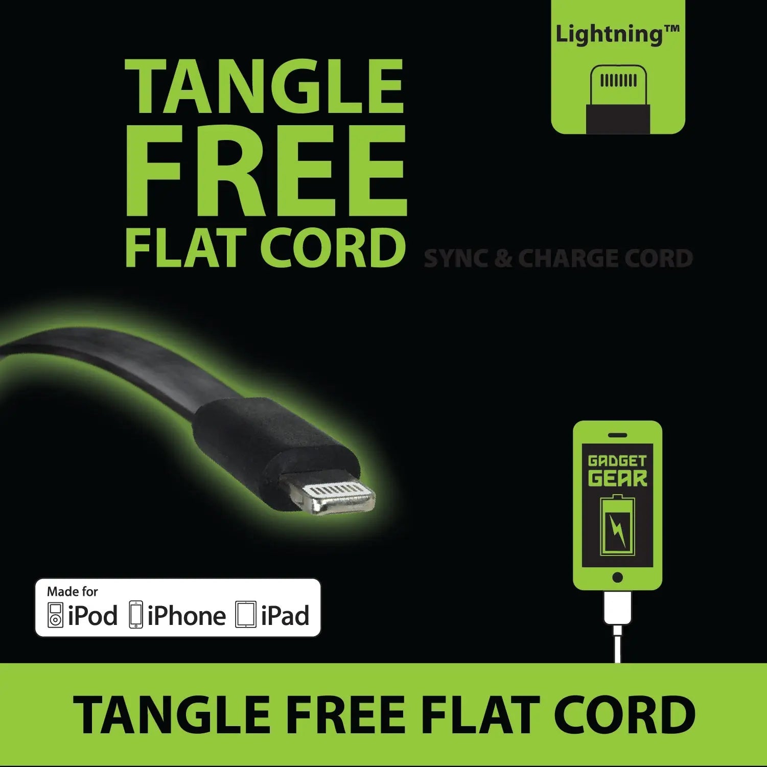 Charging Cable Flat USB to Lightning 10FT - 4 Pieces Per Pack 20688 GADGET GEAR