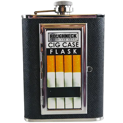 8 oz Stainless-Steel Flask with Cigarette Case - 6 Pieces Per Retail Ready Display 21768 ROUGHNECK