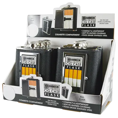 8 oz Stainless-Steel Flask with Cigarette Case - 6 Pieces Per Retail Ready Display 21768 ROUGHNECK