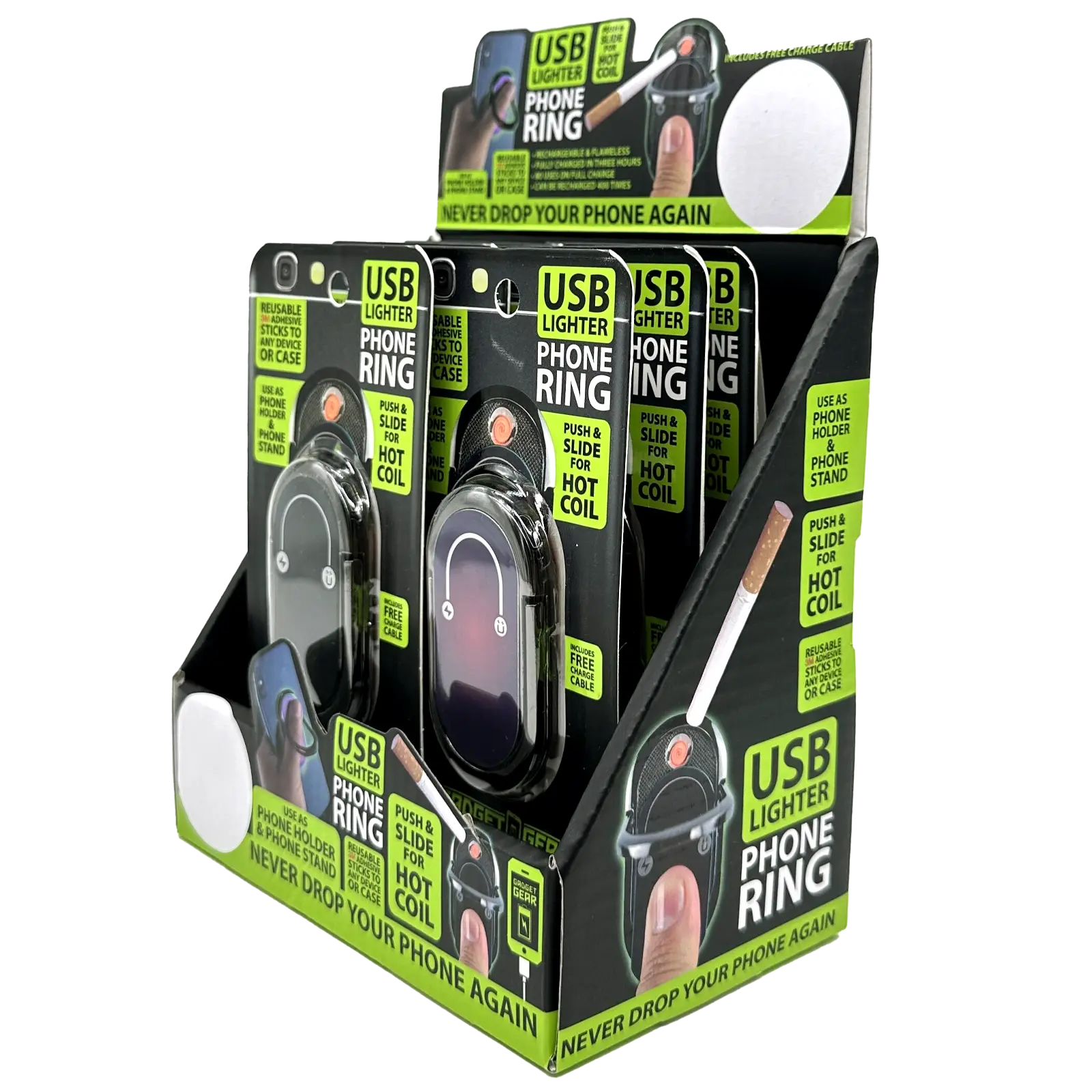 Ring Phone Holder with USB Coil Lighter - 6 Pieces Per Retail Ready Display 22087 GADGET GEAR