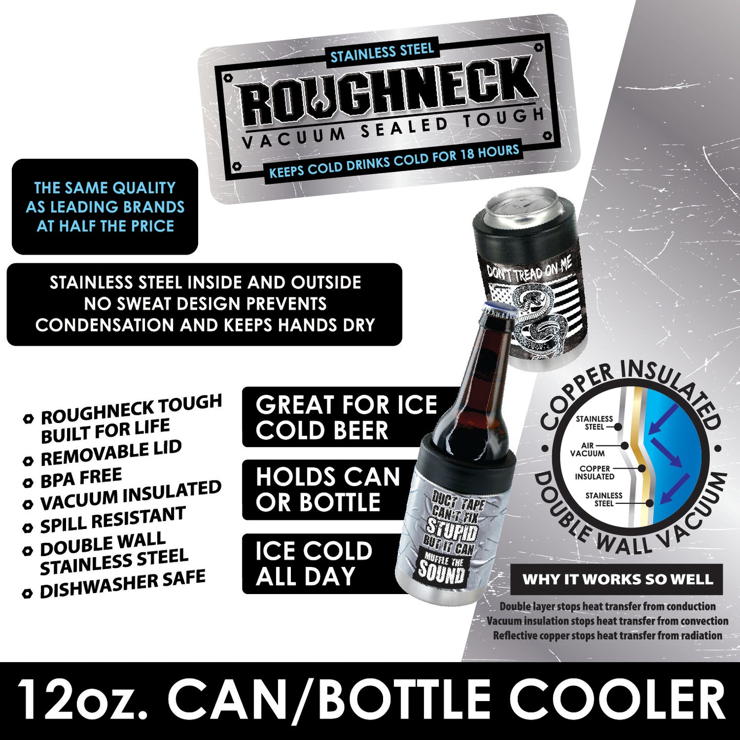 ITEM NUMBER 022269 12OZ METAL HEAT TRANSFER CAN COOLER 6 PIECES PER DISPLAY