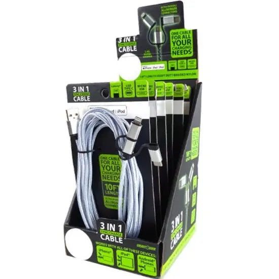 Charging Cable USB 3 in 1 Multi-Head USB-C / Micro USB / Lightning 10FT - 6 Pieces Per Retail Ready Display 22424 GADGET GEAR