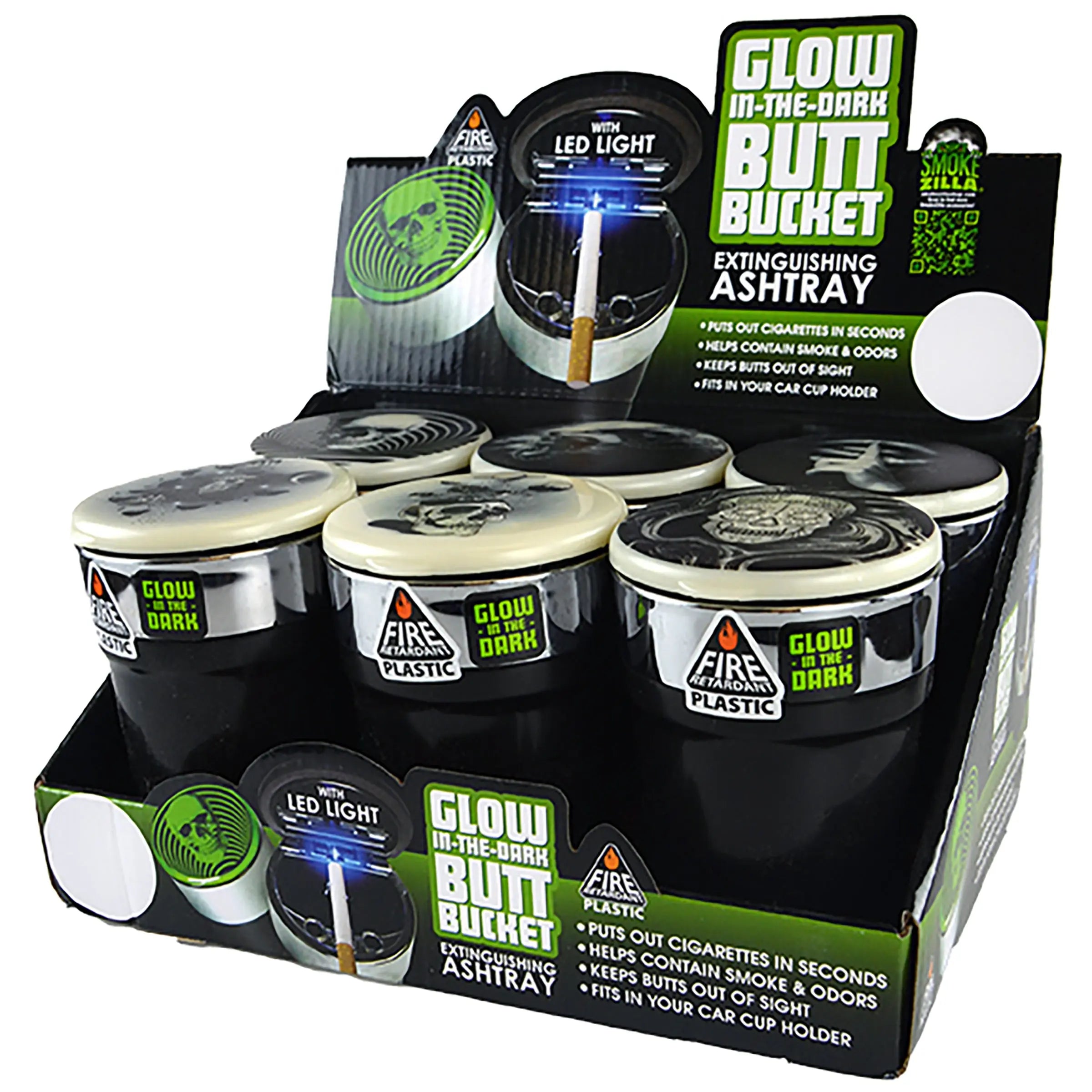 Glow in The Dark Printed Lid Butt Bucket Ashtray with LED Light - 6 Per Retail Ready Display 22634 SMOKEZILLA