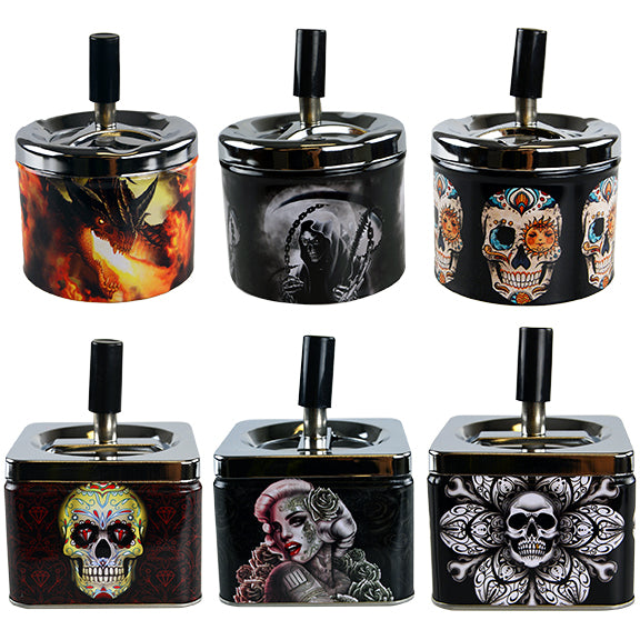 ITEM NUMBER 022639 PUSH DOWN METAL ASHTRAY MIX B 6 PIECES PER DISPLAY