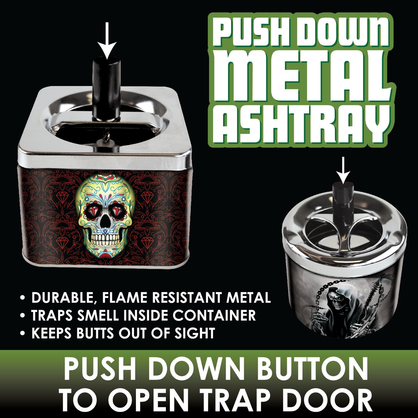 ITEM NUMBER 022639 PUSH DOWN METAL ASHTRAY MIX B 6 PIECES PER DISPLAY