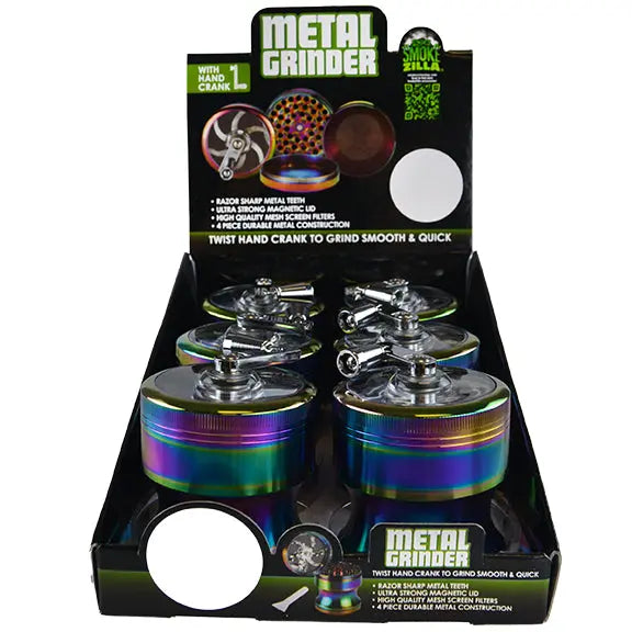 Metal 4 Piece Rainbow Grinder with Crank - 6 Pieces Per Retail Ready Display 22703 SMOKEZILLA