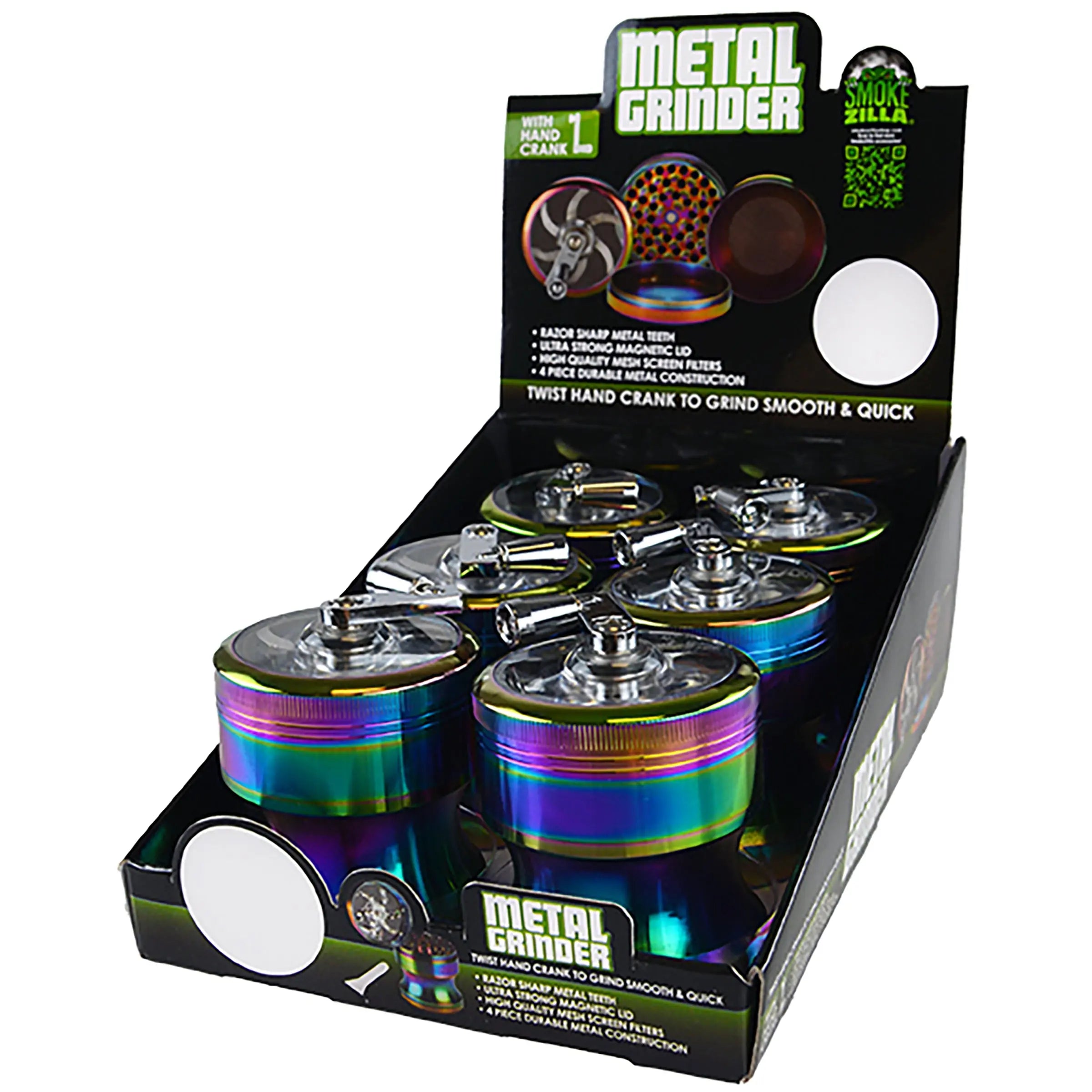 Metal 4 Piece Rainbow Grinder with Crank - 6 Pieces Per Retail Ready Display 22703 SMOKEZILLA