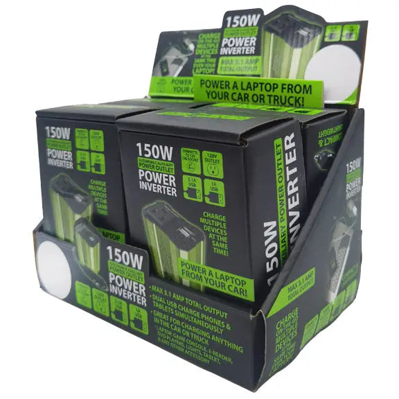 DC Car Power Inverter Dual Ports USB / 120V Outlet 150 Watts - 4 Pieces Per Retail Ready Display 22829 GADGET GEAR