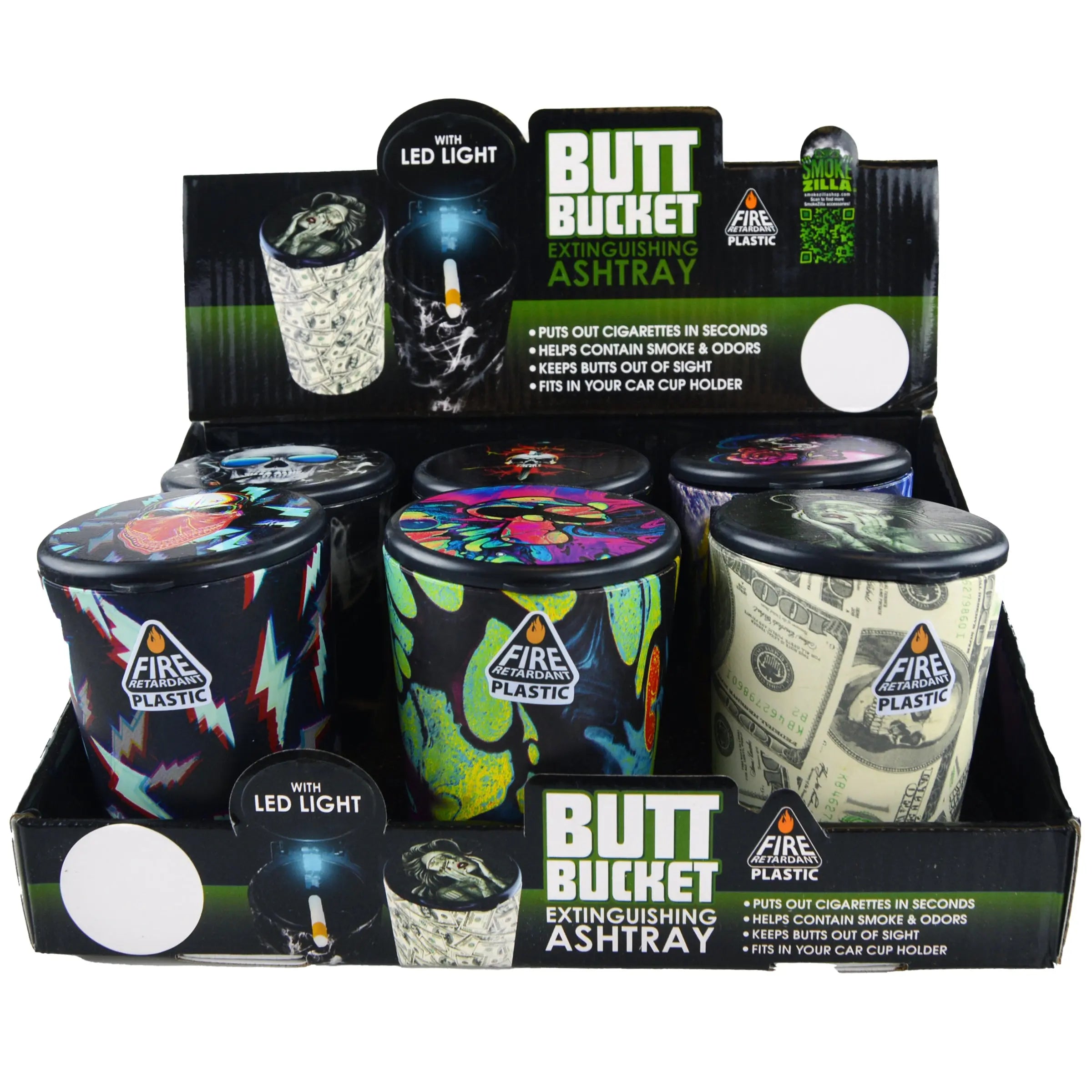 Full Printed Butt Bucket Ashtray with LED Light - 6 Pieces Per Retail Ready Display 22842 SMOKEZILLA