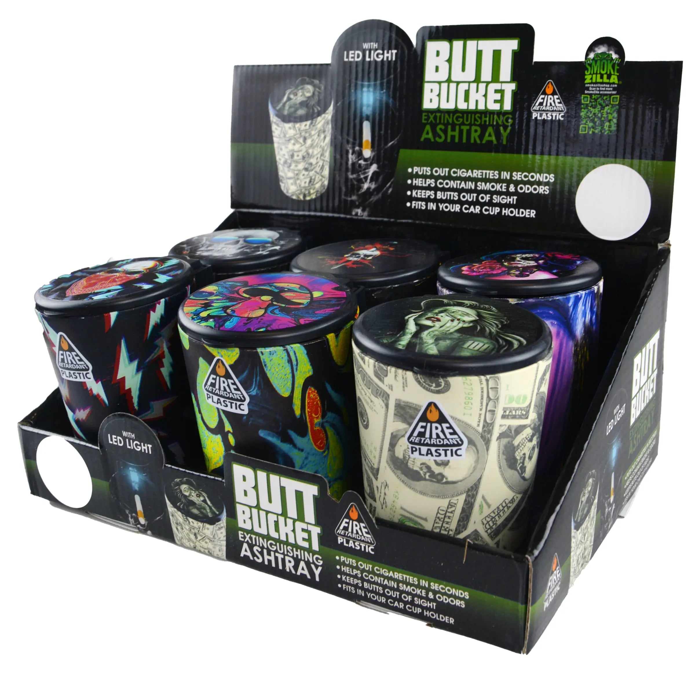 Full Printed Butt Bucket Ashtray with LED Light - 6 Pieces Per Retail Ready Display 22842 SMOKEZILLA