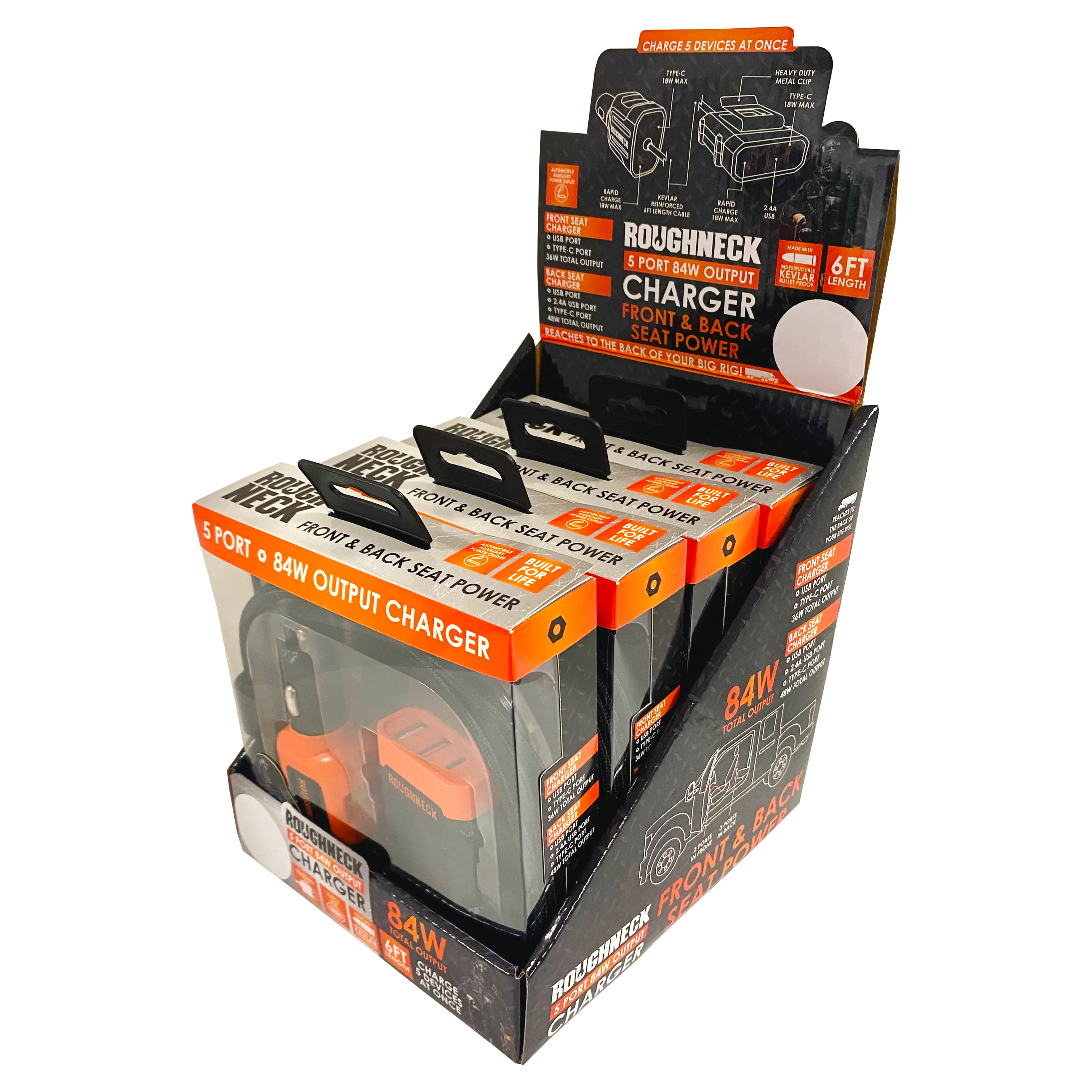 Car Charger Multi-Port Backseat Extender - 4 Pieces Per Retail Ready Display 22914 ROUGHNECK