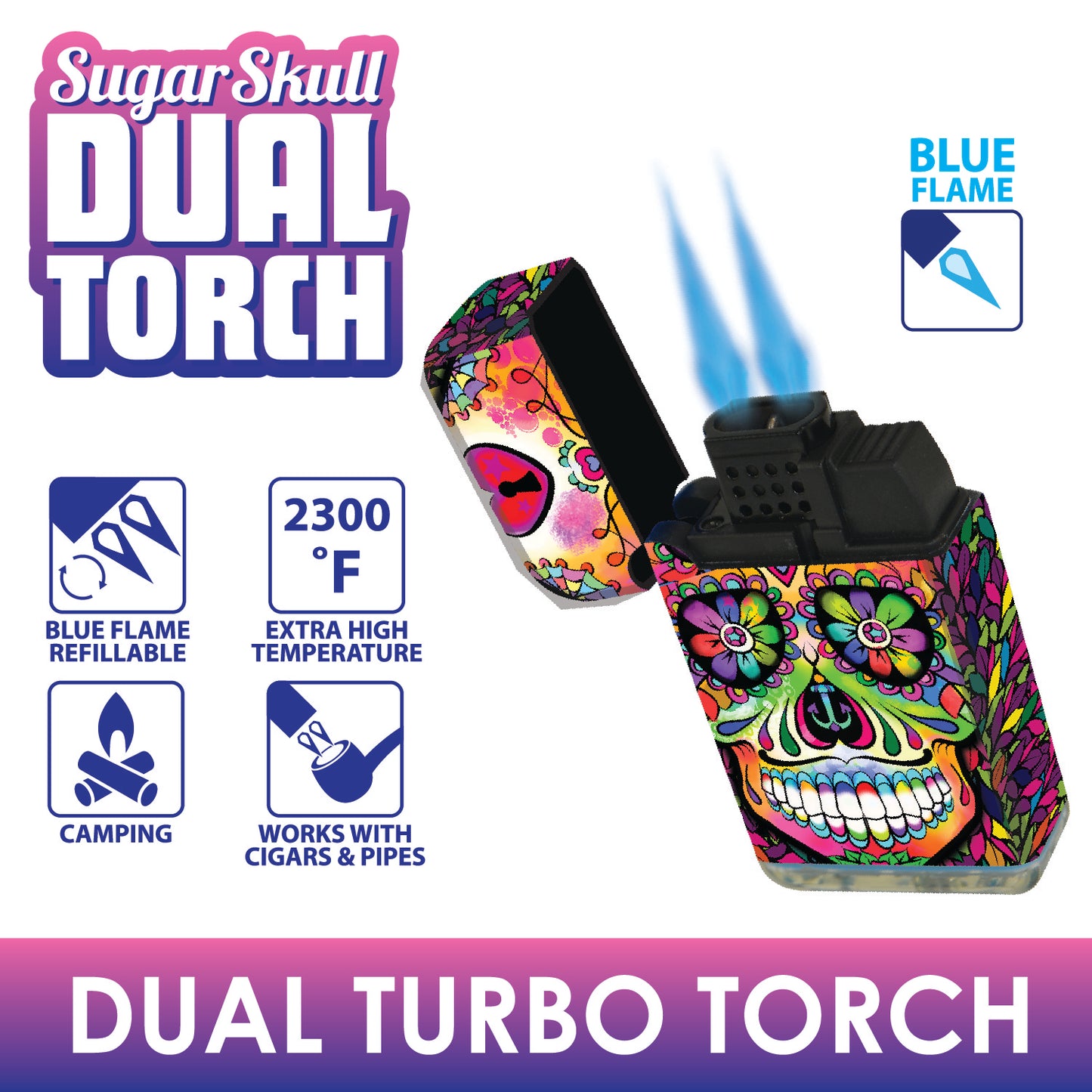 ITEM NUMBER 023016 SUGAR SKULL DUAL TORCH 15 PIECES PER DISPLAY