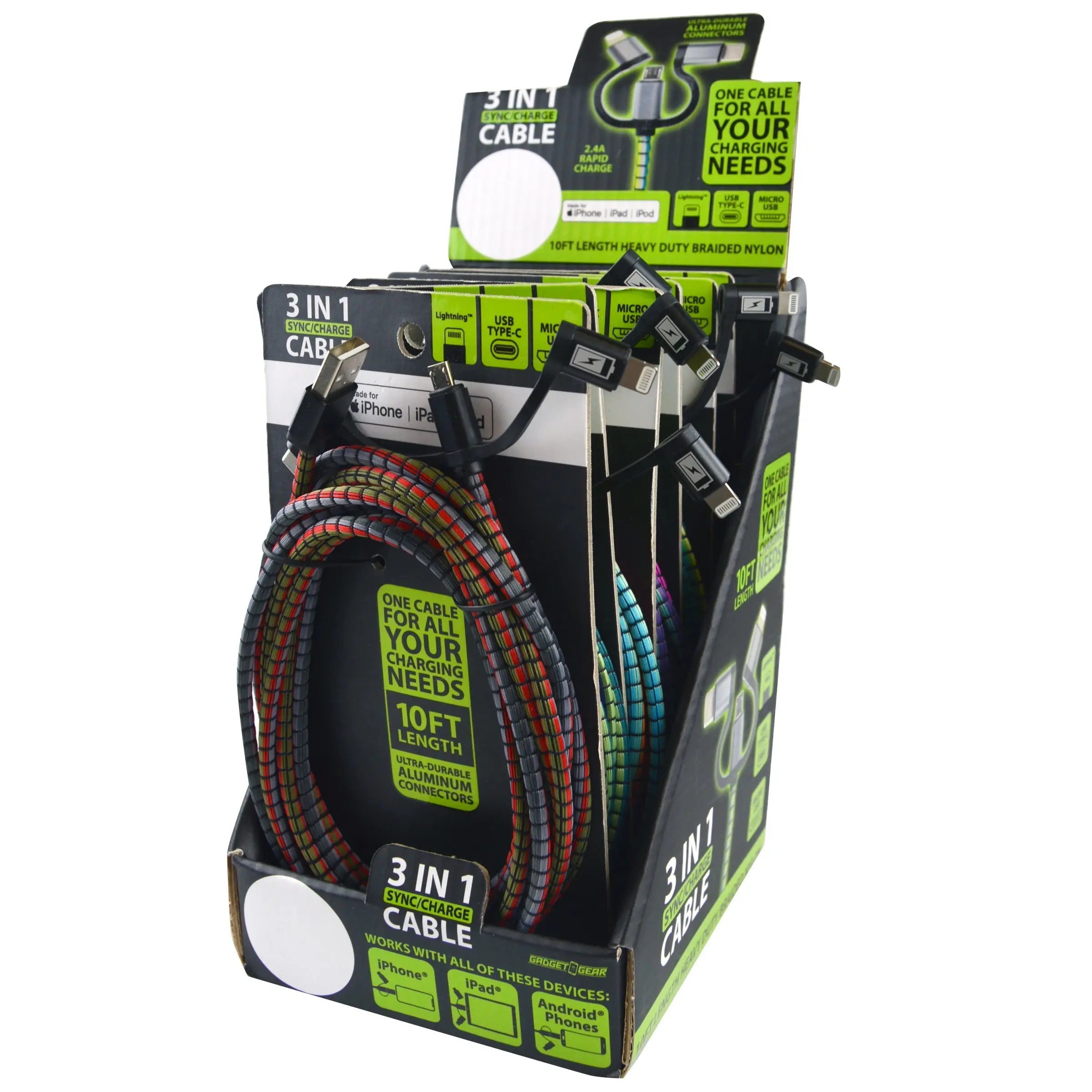 Charging Cable USB 3 in 1 Multi-Head USB-C / Micro USB / Lightning 10FT - 6 Pieces Per Retail Ready Display 23100 GADGET GEAR