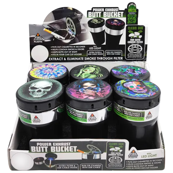 Printed Lid Butt Bucket Ashtray with Power Exhaust Fan - 6 Pieces Per Retail Ready Display 23255 SMOKEZILLA