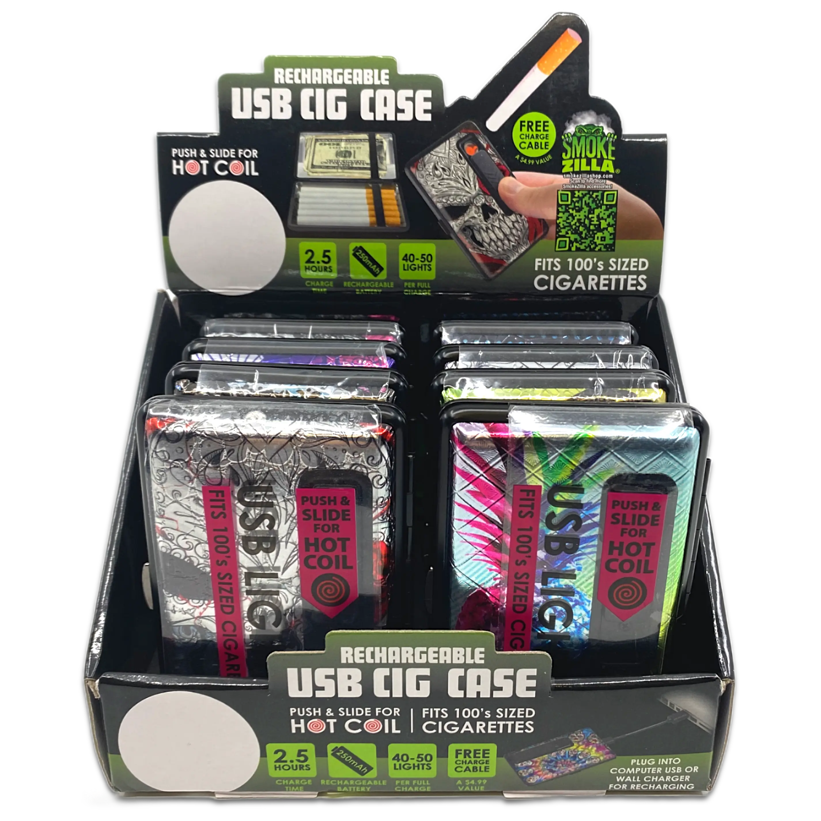 100s Cigarette Case with USB Coil Lighter - 8 Pieces Per Retail Ready Display 23303 SMOKEZILLA