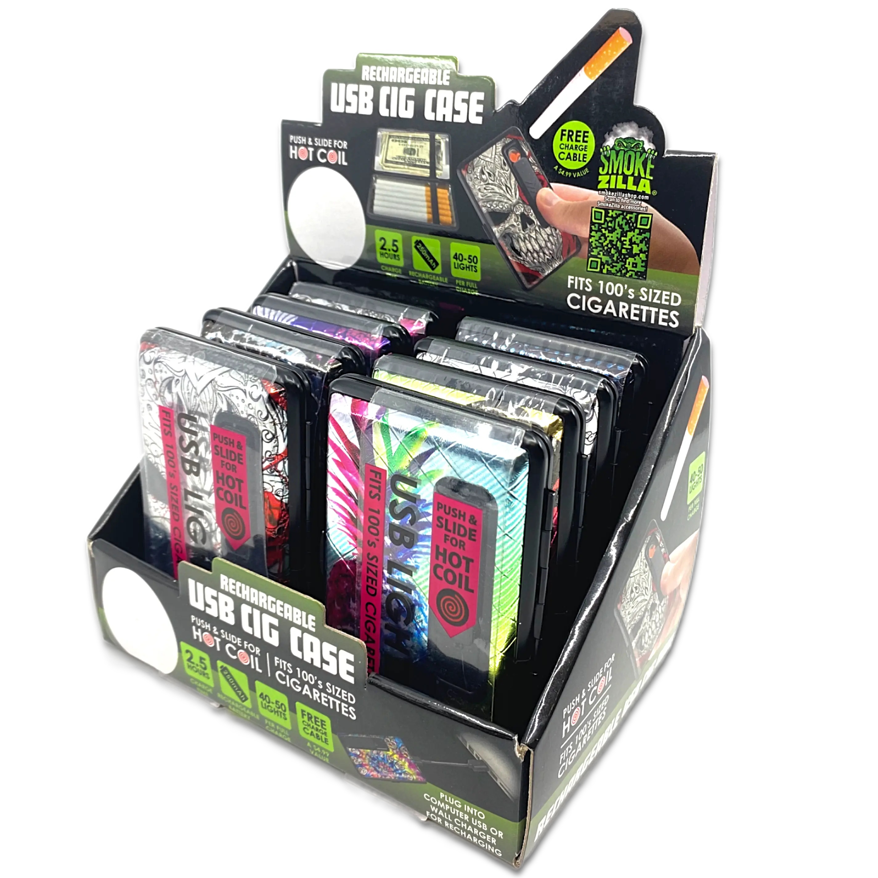 100s Cigarette Case with USB Coil Lighter - 8 Pieces Per Retail Ready Display 23303 SMOKEZILLA