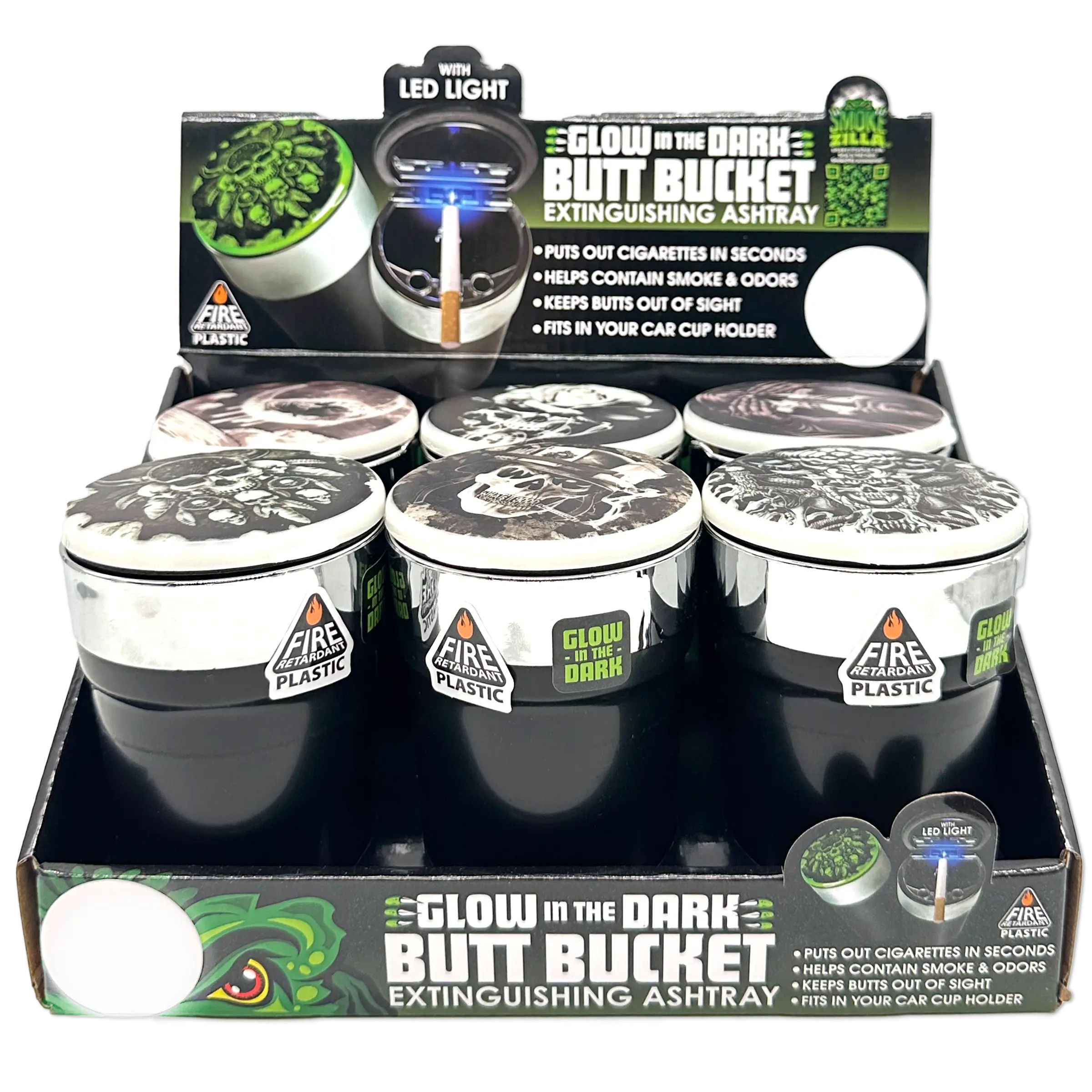 Glow In The Dark Lid Butt Bucket Ashtray with LED Light - 6 Per Retail Ready Wholesale Display 23543 SMOKEZILLA