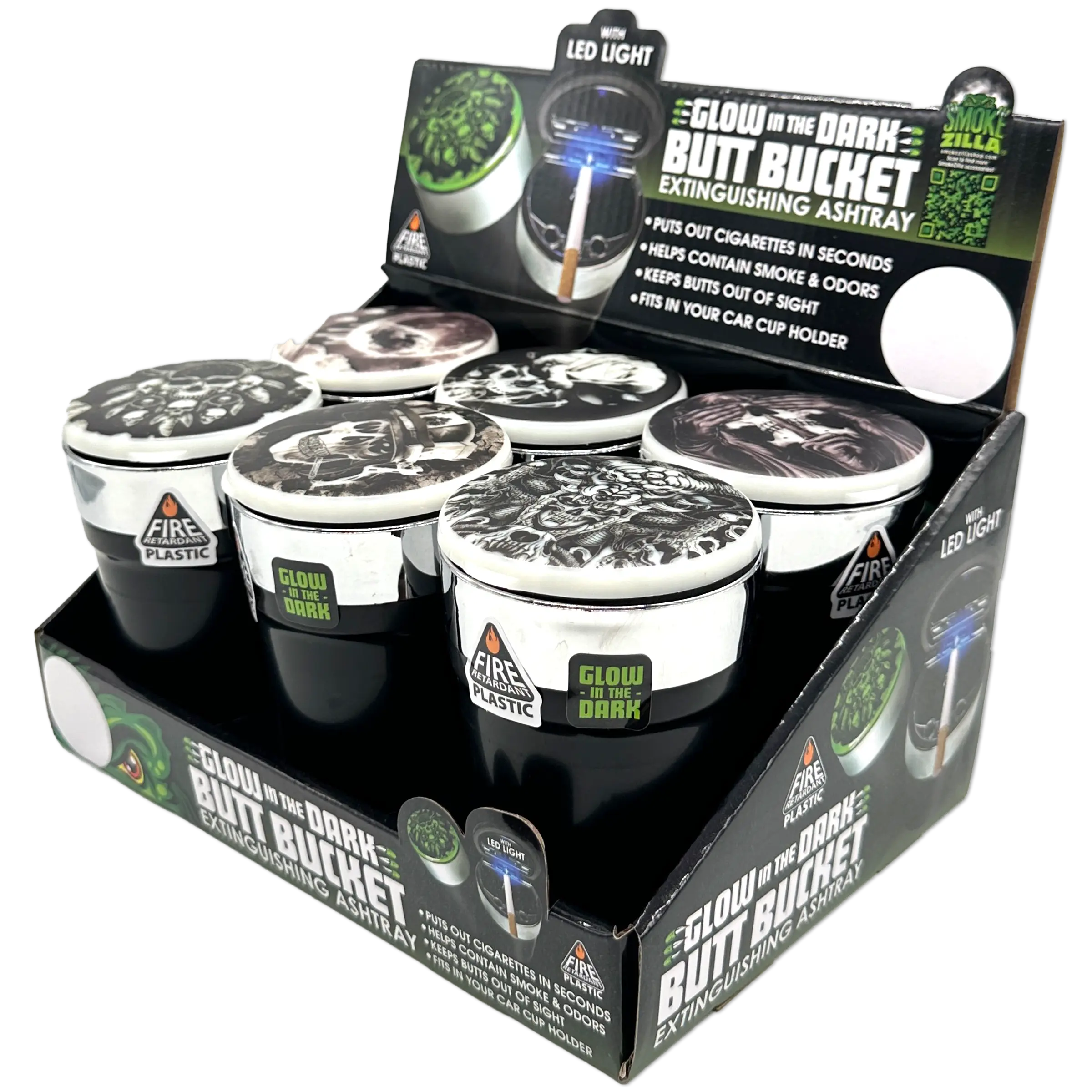 Glow In The Dark Lid Butt Bucket Ashtray with LED Light - 6 Per Retail Ready Wholesale Display 23543 SMOKEZILLA