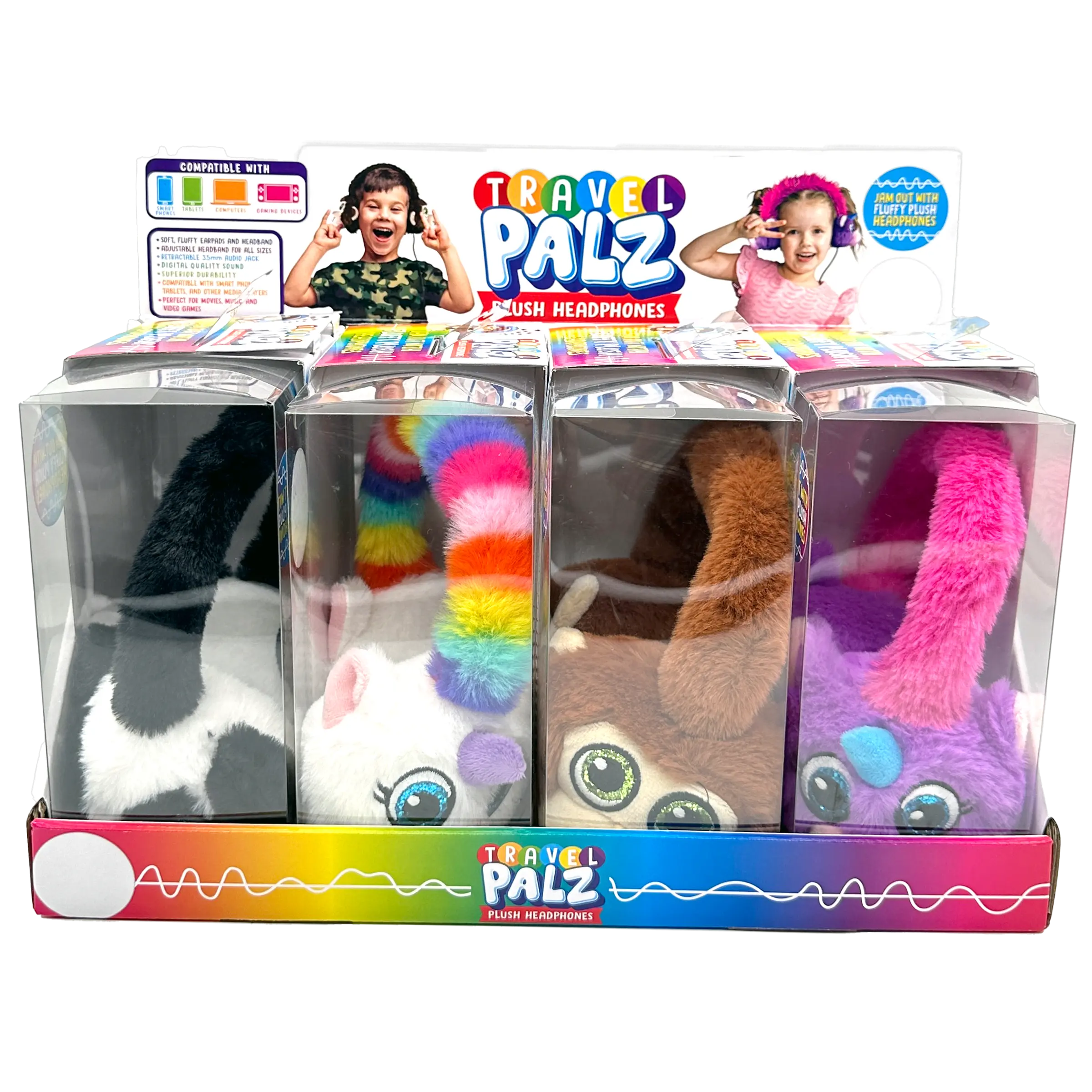Wired Headphones Travel Pals Kids Plush with Retractable Cord - 4 Pieces Per Retail Ready Display 23699 KIPP BROTHERS