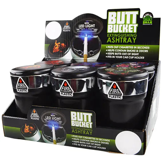 Printed Lid Butt Bucket Ashtray with LED Light - 6 Per Retail Ready Display 25814 SMOKEZILLA