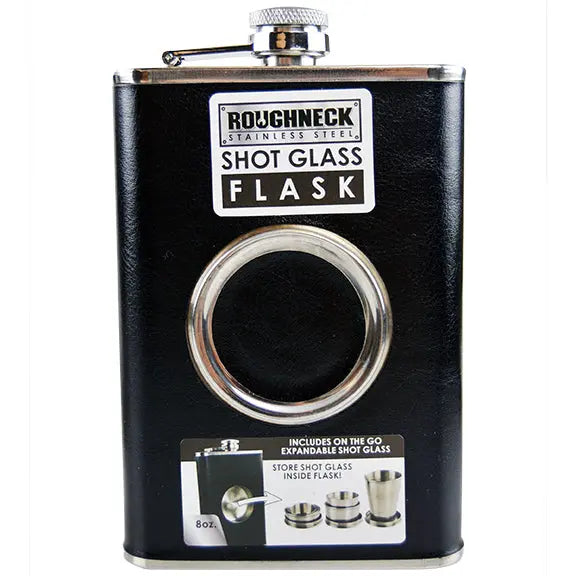 8 oz Stainless-Steel Flask with Shot Glass - 6 Pieces Per Retail Ready Display 28257 ROUGHNECK