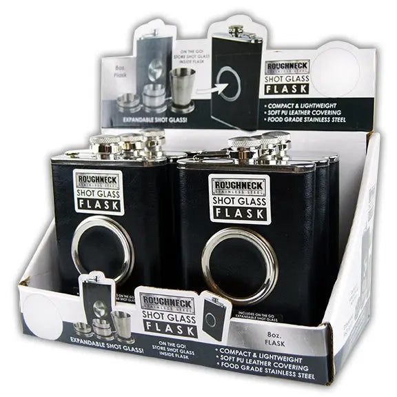 8 oz Stainless-Steel Flask with Shot Glass - 6 Pieces Per Retail Ready Display 28257 ROUGHNECK