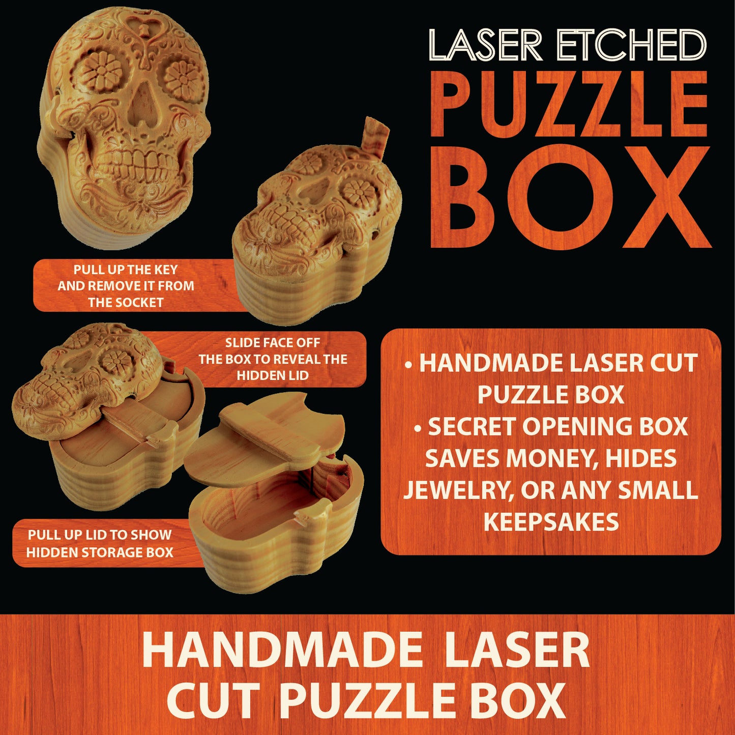 ITEM NUMBER 028905 MAGIC SKULL WOOD PUZZLE BOX 6 PIECES PER DISPLAY