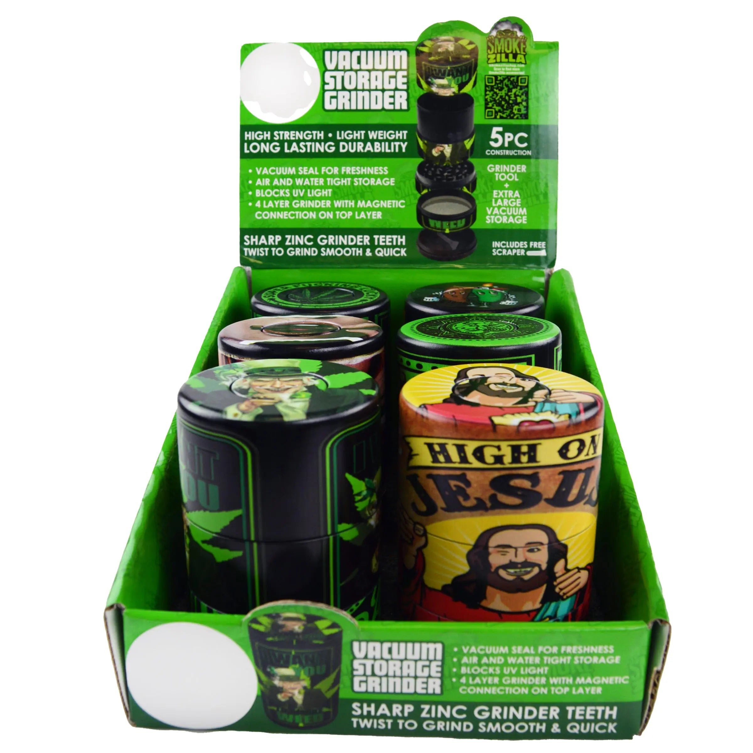 Plastic 5 Piece Grinder with Vacuum Sealed Container - 6 Pieces Per Retail Ready Display 30029 SPICY ZILLA